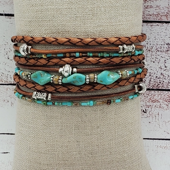 NWOT Handmade Brown Leather Wrap Bracelet with Turquoise accents, customizable - Picture 1 of 3